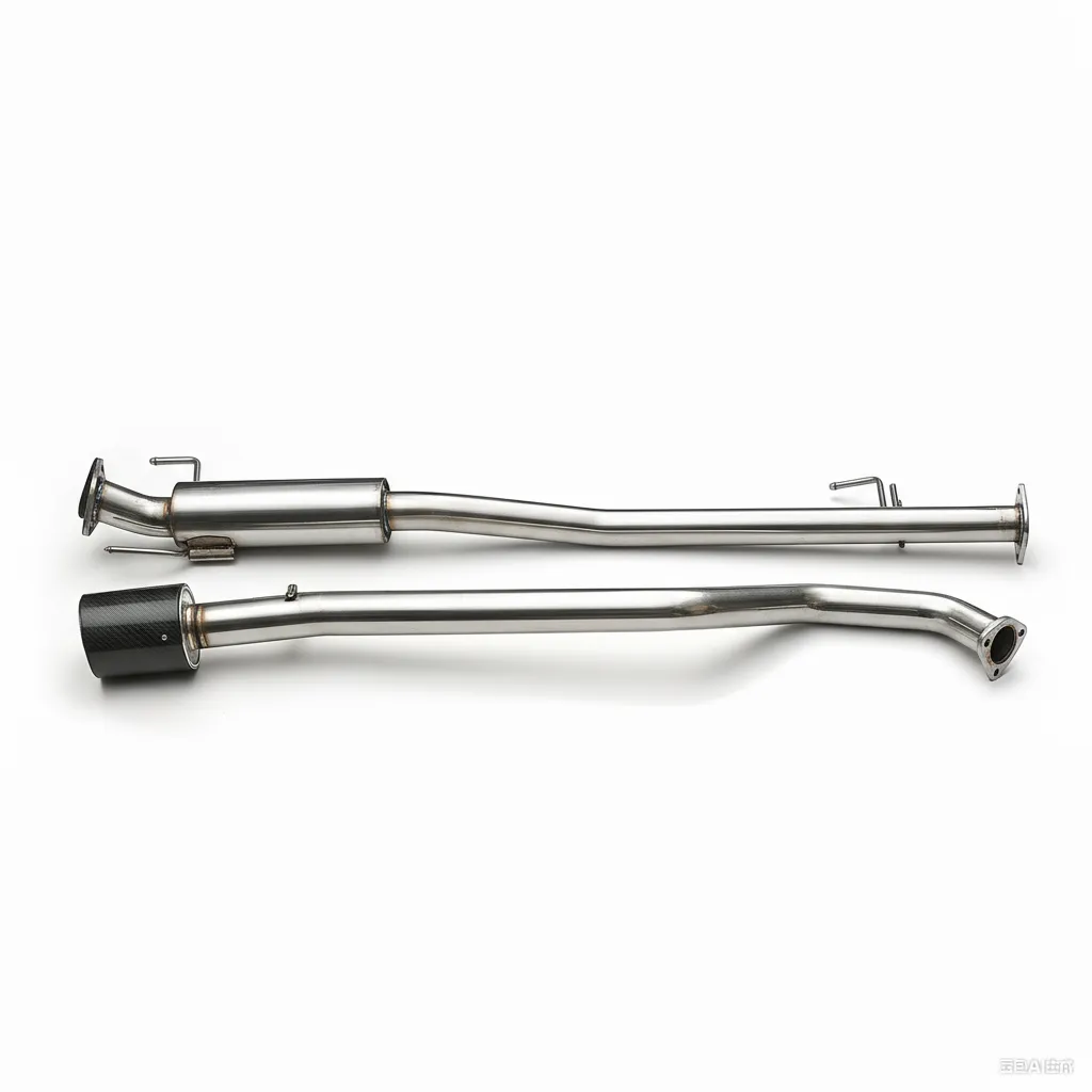 Side profile view of the XROAR exhaust system, showcasing the T-304 stainless steel material and full TIG welding.