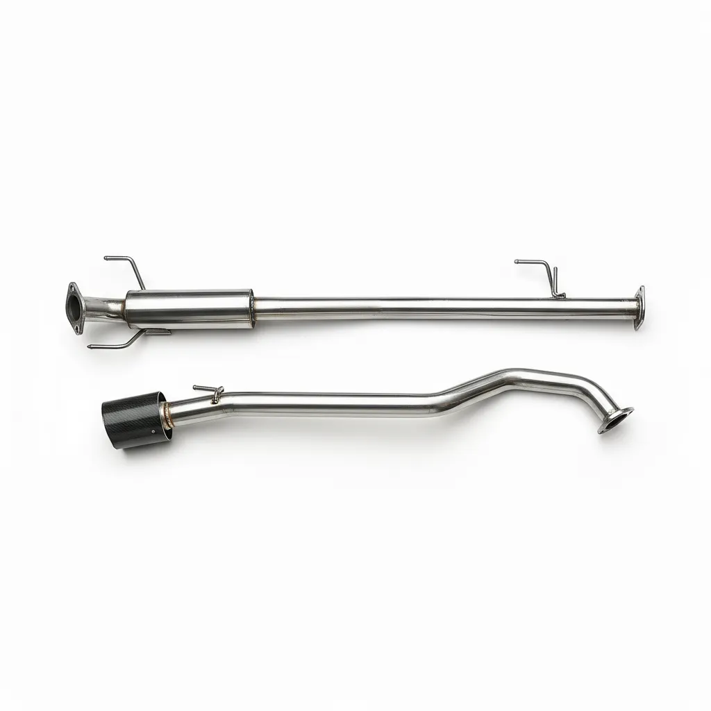 Top-down view of the XROAR cat-back exhaust system, highlighting the pipe routing and component layout.